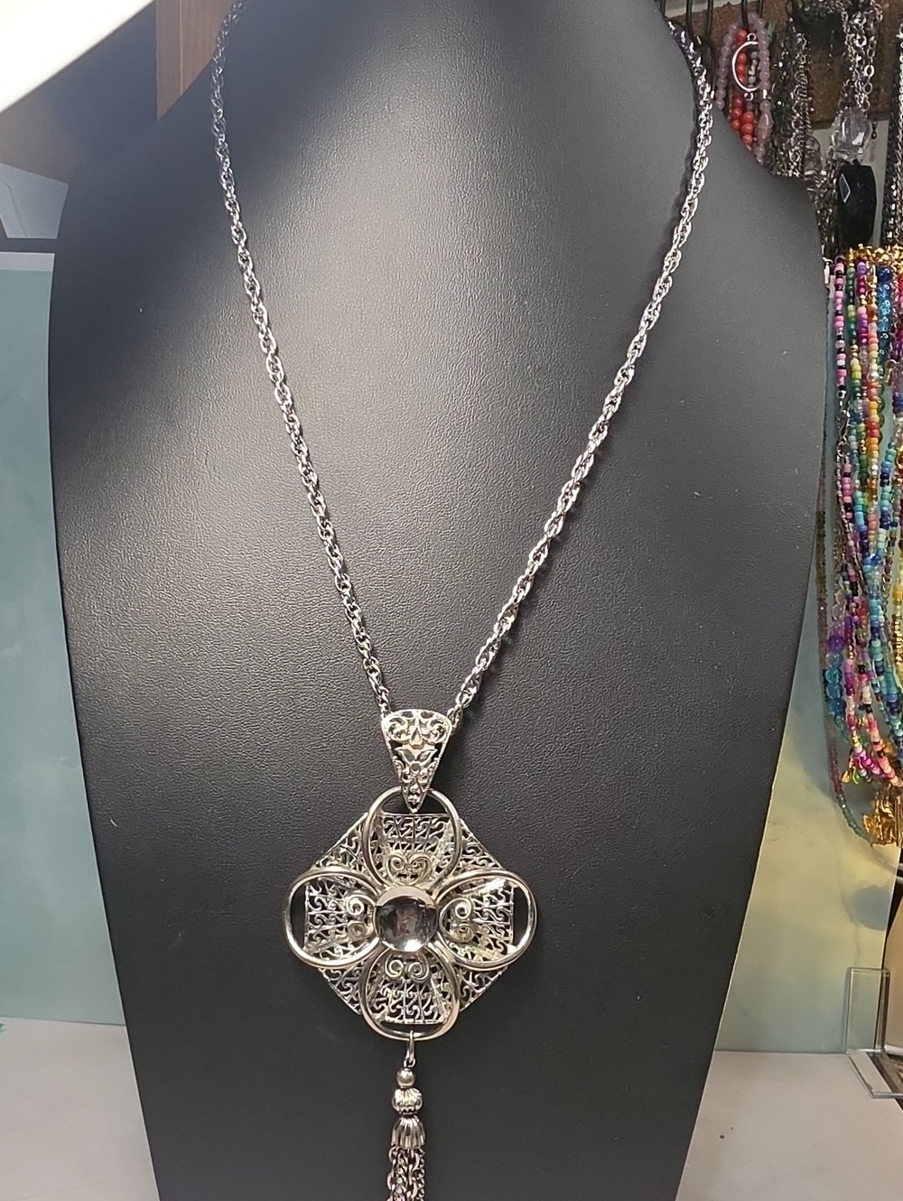 Silver Filigree Pendant Necklace with Tassel